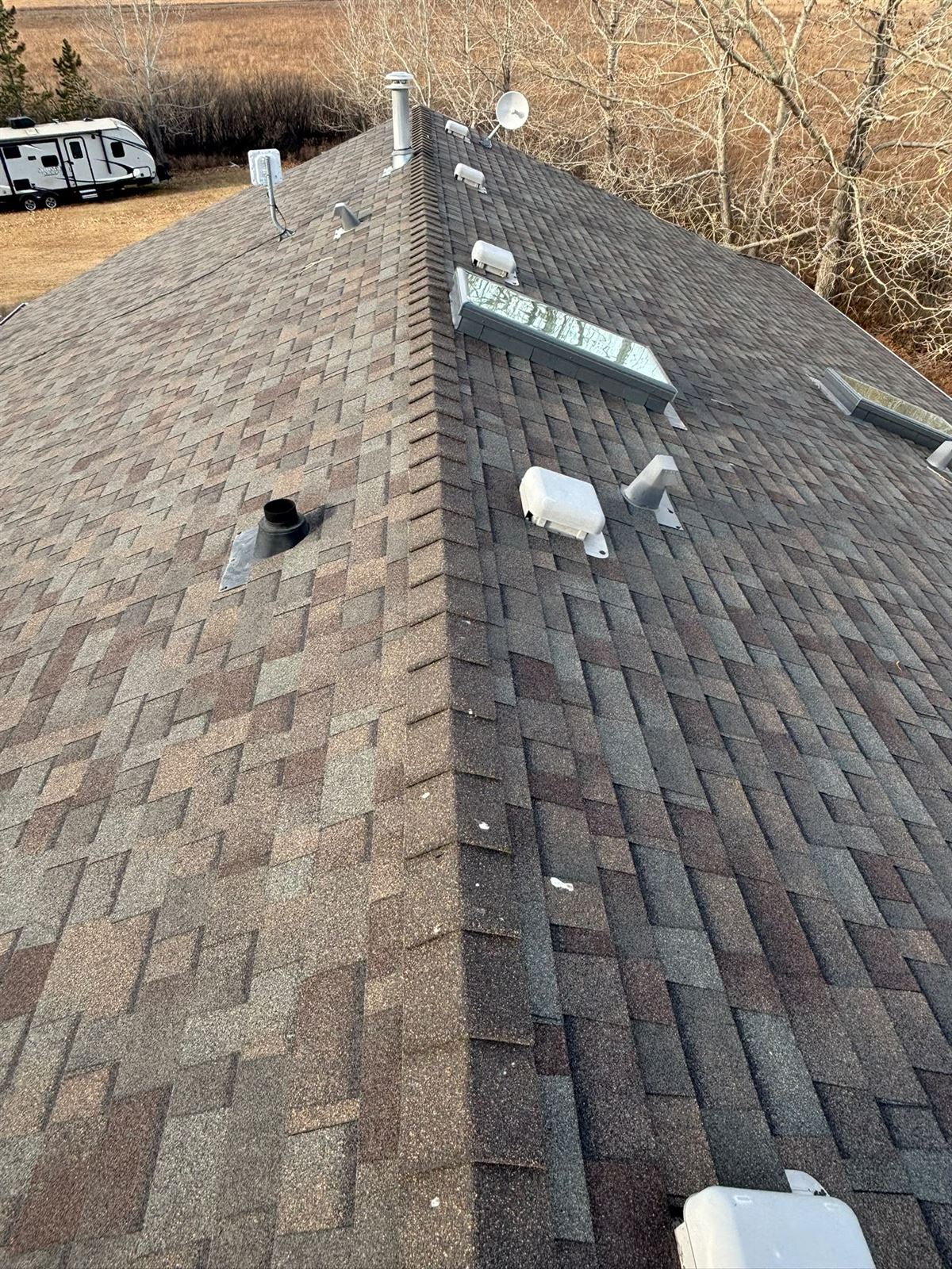 Completed roof with skylights on an acreage property