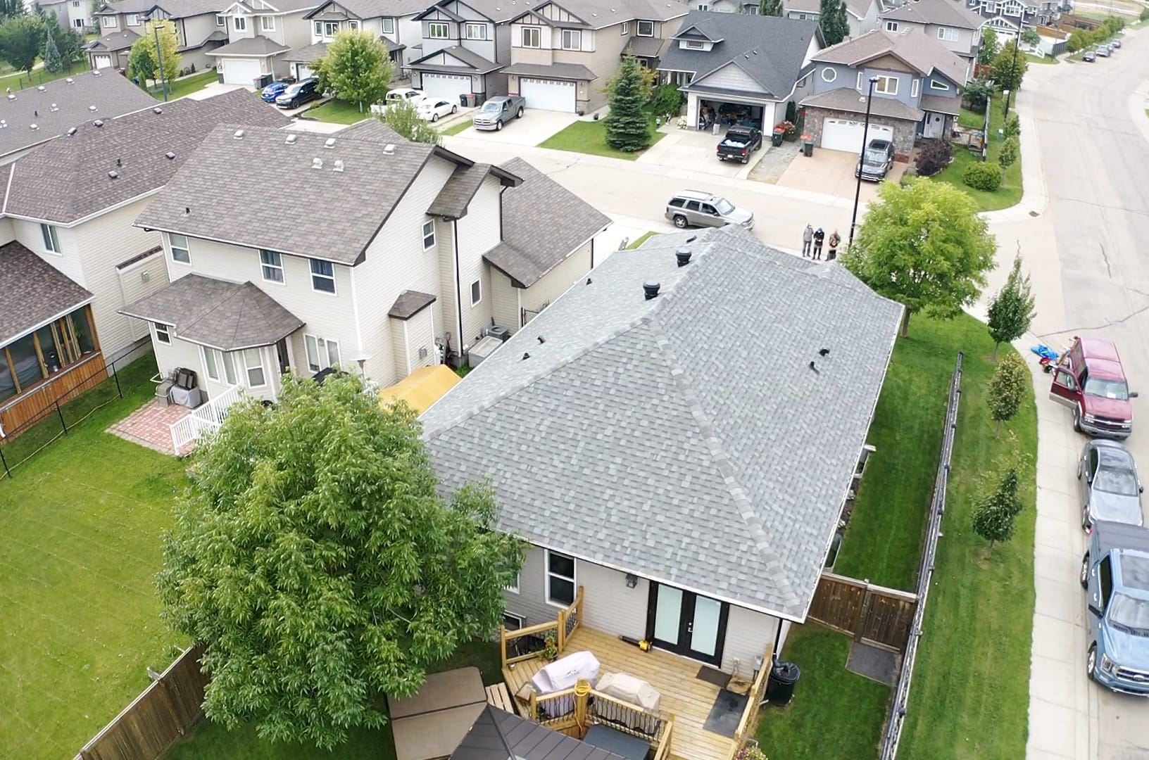 Aerial view of a completed roof replacement on a Calgary bungalow
